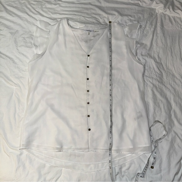Calvin Klein | V Neck Button Down Short Cap Ruffle Sleeves Sheer Lined Blouse - Picture 9 of 11